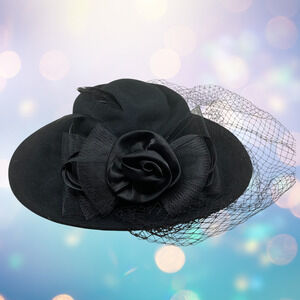Elegant Black Wide Brim Dress Hat Rose Mesh Organza Bow Veil Church Derby Wool